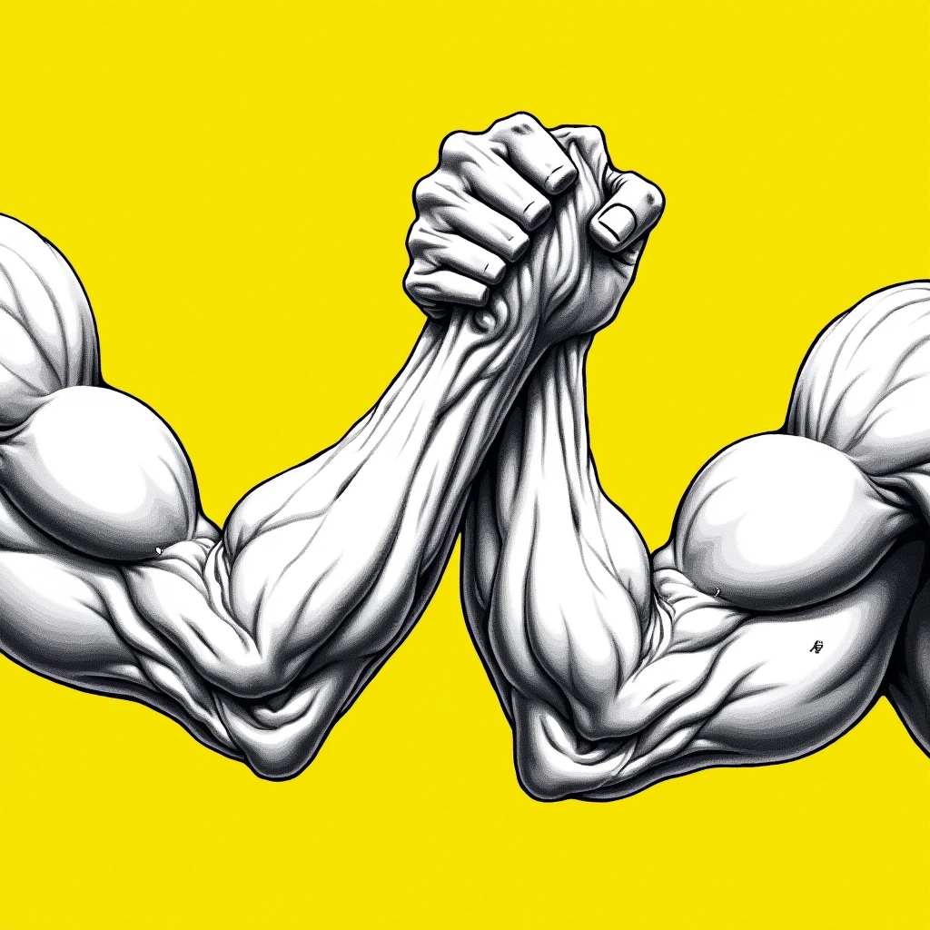 2 Strong fist arm wrestling in black and white color drawing on yellow background