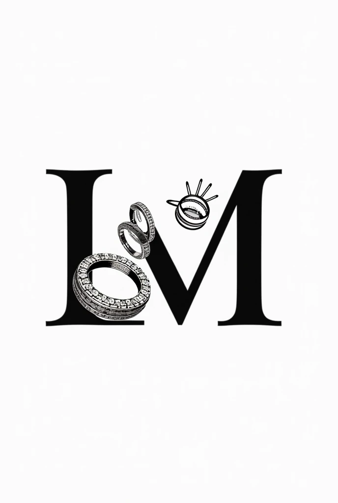 Create an accessories logo with the initials L and M and between the letters it has a bracelet, earrings, ring and necklace and below it says accessories in black and white