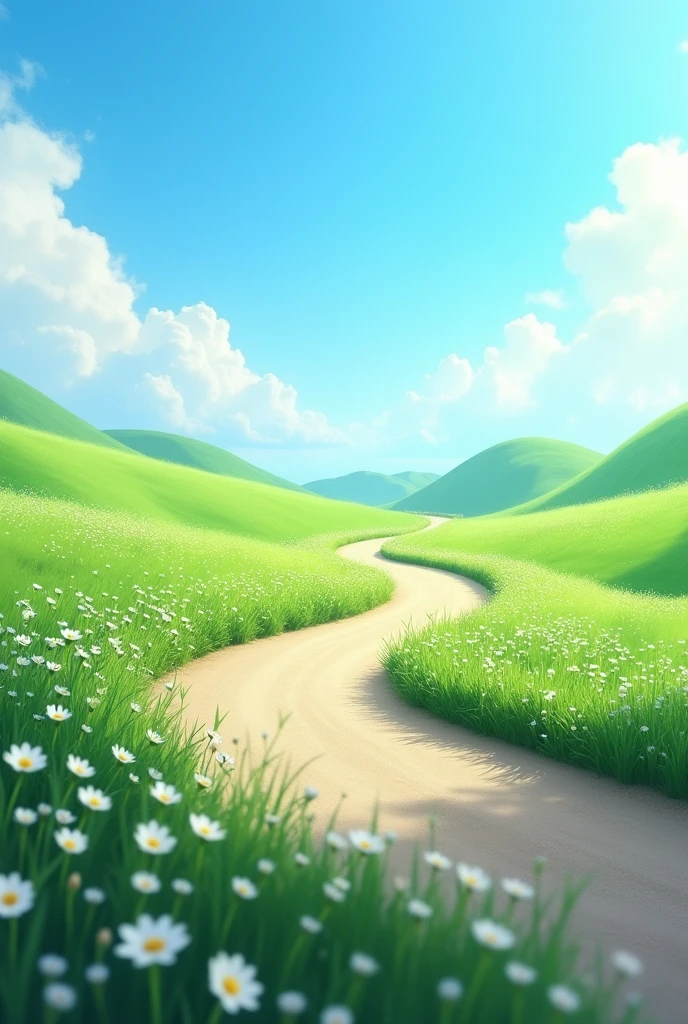 A beautiful and calm ultra realistic 8k full hd quiet road with green grass and white realistic flowers and beautiful sky 