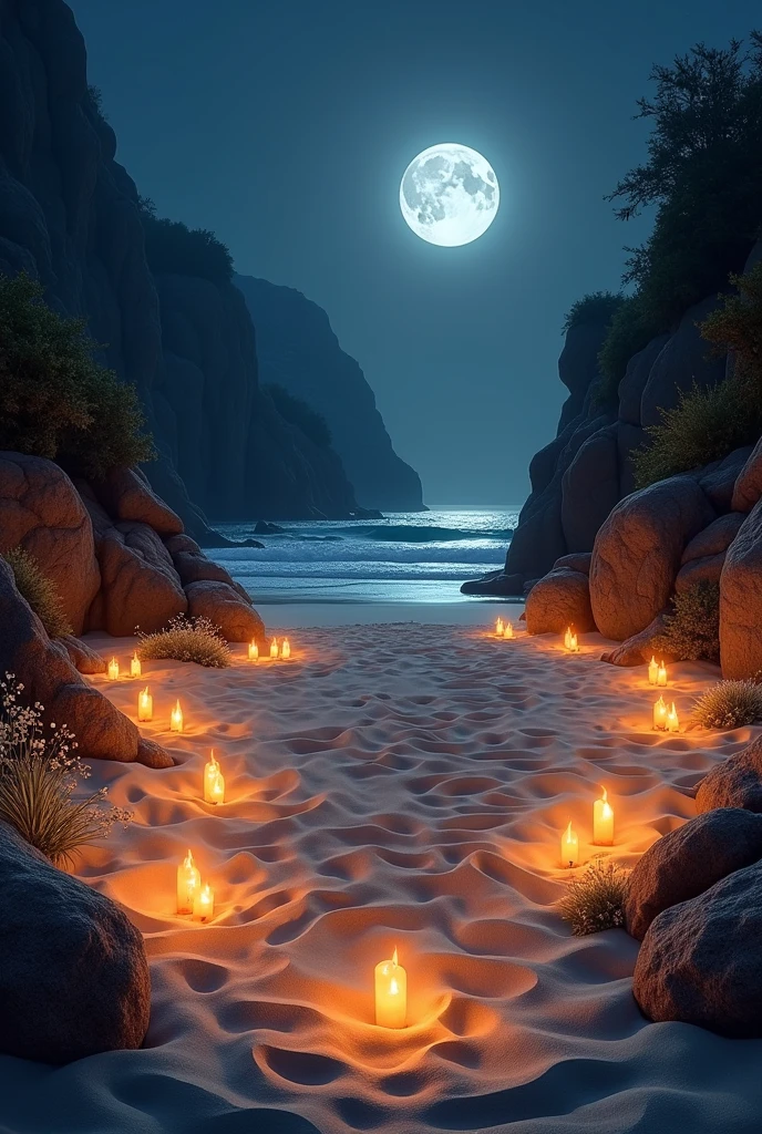 Sandy beach, night, lots of candles, beautiful details, nature, mysterious
