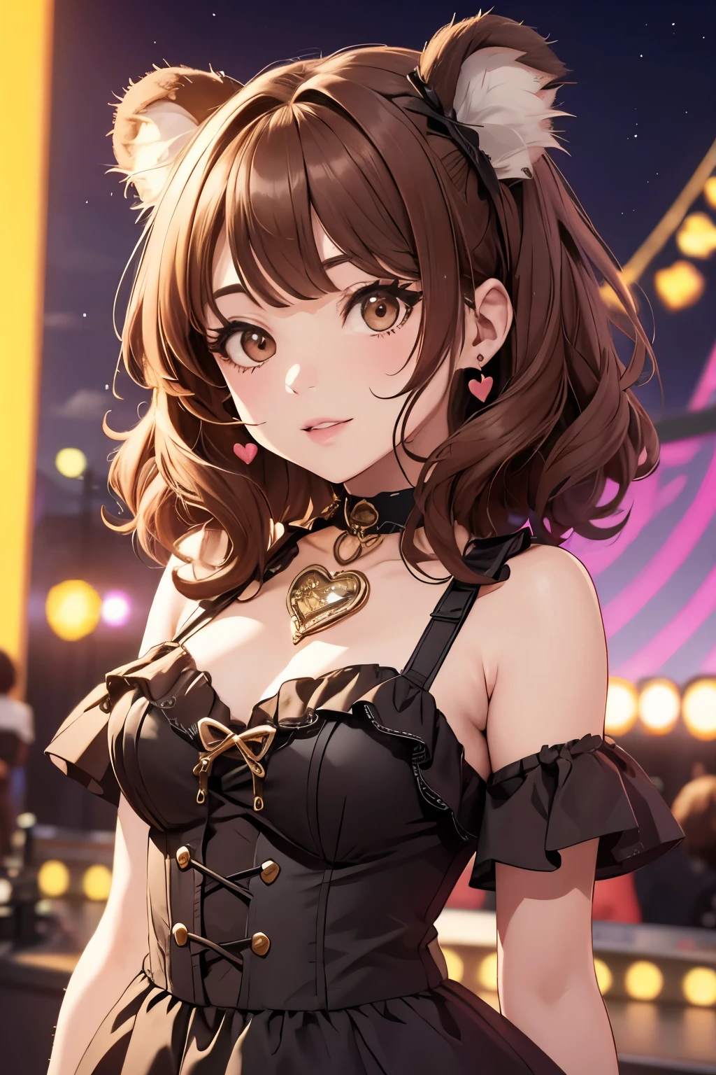 Top quality, highly detailed, UHD, idol, dress  cute and beautiful anthropomorphic koala girl with brown curly bob hair wearing a heart shaped choker on outdoor stage