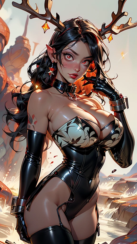 gothic reindeer girl,(((1girl))),((extremely cute and beautiful black haired anime gothic reindeer girl)),
(((anthro furry:1.2),Playboy_Reindeer, reindeer_antlers,(huge antlers:1.5,dear antlers:1.5,blooming antlers:1.5))),(large breasts:1.4),saggy breasts,((((black straight hair:1.35,absurdly long hair,ear breathing)))),(((red_eyes:1.3))),intricate eyes,beautiful detailed eyes,symmetrical eyes,big eyes:1.5,(((lustrous skin:1.5,bright skin: 1.5,skin tanned,shiny skin,very shiny skin,shiny body,plastic glitter skin,exaggerated shiny skin,illuminated skin))),(spider lower abdomen,narrow waist,wide hip,athletic body,inflated legs,thick thighs,detailed body,(detailed face)),
cute,slutty,seductive,erotic,(((nsfw))),
zettai ryouiki,revealing armor,show skin,((huge cleavage:1.5)),(((underboob))),(((eyeshadow,egyptian makeup,eyelid makeup))),(((slave collar,metal slave collar,black slave collar,Long chain leash connected to her collar,shackles))),((((((strapless latex teddy)), thighhighs, long gloves)))),(((thong:1.5))),
(dynamic pose:1.0),embarrassed,(centered,scale to fit dimensions,Rule of thirds),
((red and white background of a waterfall, red lava rivers, bright red lava flows, bloody river in hell, narrow red lava rivers, red fluid, bottom of a lava river, bright red veins, turbulent blood lake, flowing lava, rivers of lava, streams of bright hot lava, rivers of blood)),scenery:1.25,((intricate scenery)),
(Glossy goth ornaments),highres,sharp focus,(ultra detailed,extremely detailed),(photorealistic artwork:1.37),(extremely detailed CG unity 8k wallpaper),(((vibrant colors,vibrant theme))),(intricate),(masterpiece),(best quality),artistic photography,(photography taken by sldr),(intricate background),perfect rendered face,perfect face details,realistic face,photo realistic,((intricate detail)),(((realism))),