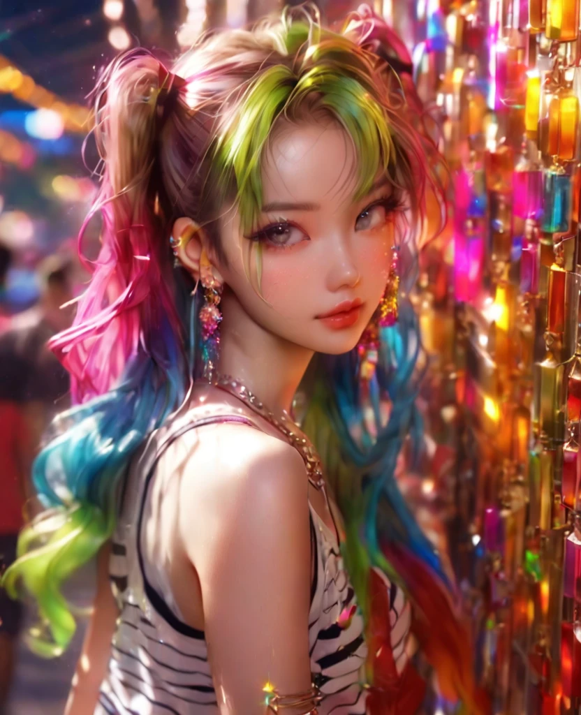 8K,an extremely delicate and beautiful,Beautiful and realistic skin,Shiny jewel-like earrings,like glitter colorful hair,beautiful eyes,tanktop,jeans,asian cute girl,full body