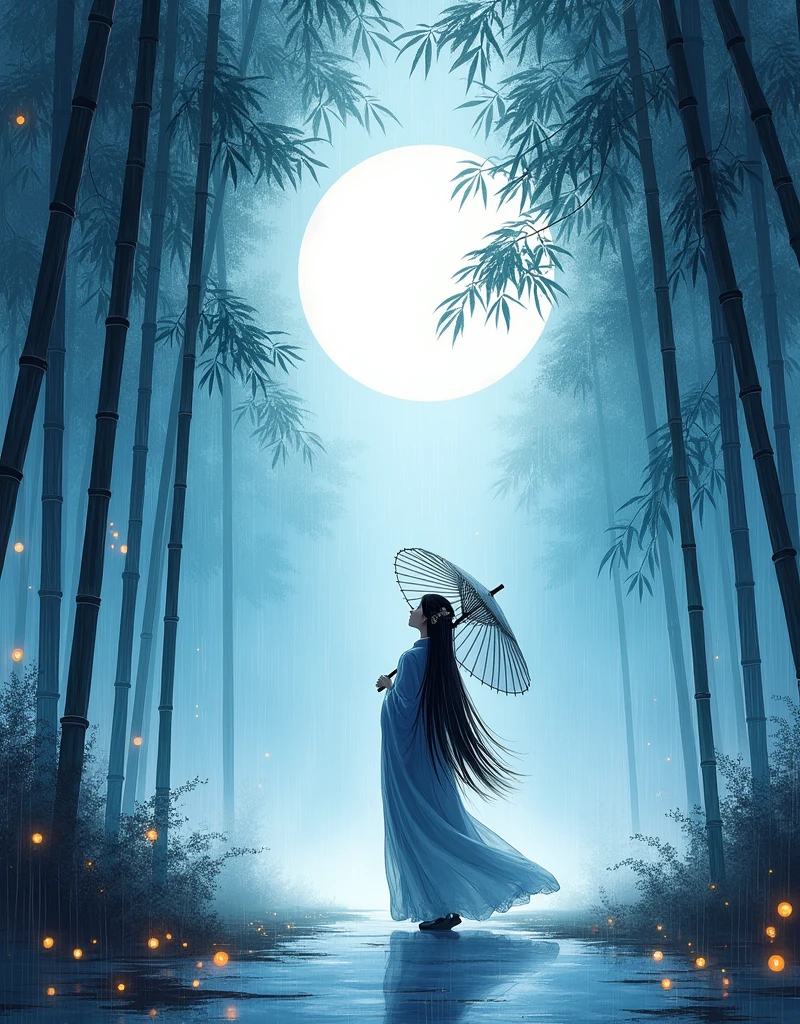 dynamic ink painting of a bamboo grove, black and white,monochrome, great art, great sense of depth, ground level shot, the most beautiful bamboo grove in the world, bamboo leaves shining through rainwater, moon\(pale blue\) with a light overcast, beautiful woman\(ancient Japanese noble, beautiful kimono, beautiful long black hair\) looking up at the moon holding an umbrella,raining softly, fireflies flying around, bamboo leaves are placed three-dimensionally in the foreground, long distance shot