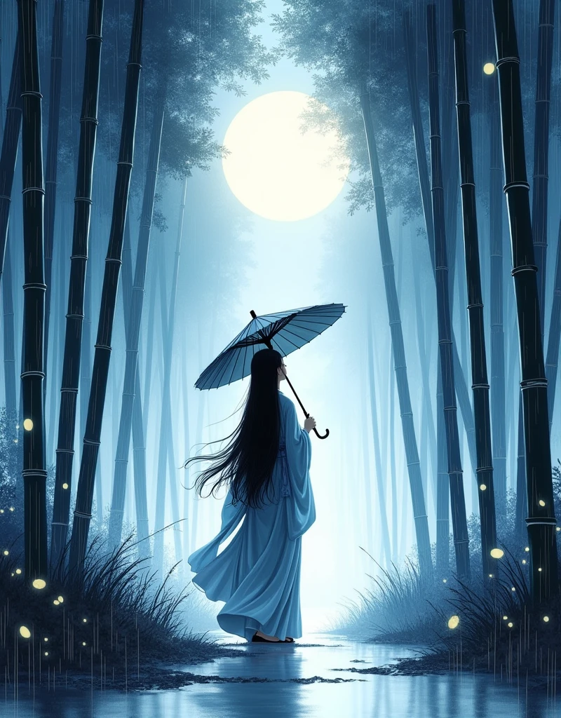 dynamic ink painting of a bamboo grove, black and white,monochrome, great art, great sense of depth, ground level shot, the most beautiful bamboo grove in the world, bamboo leaves shining through rainwater, moon\(pale blue\) with a light overcast, beautiful woman\(ancient Japanese noble, beautiful kimono, beautiful long black hair\) looking up at the moon holding an umbrella,raining softly, fireflies flying around, bamboo leaves are placed three-dimensionally in the foreground, long distance shot