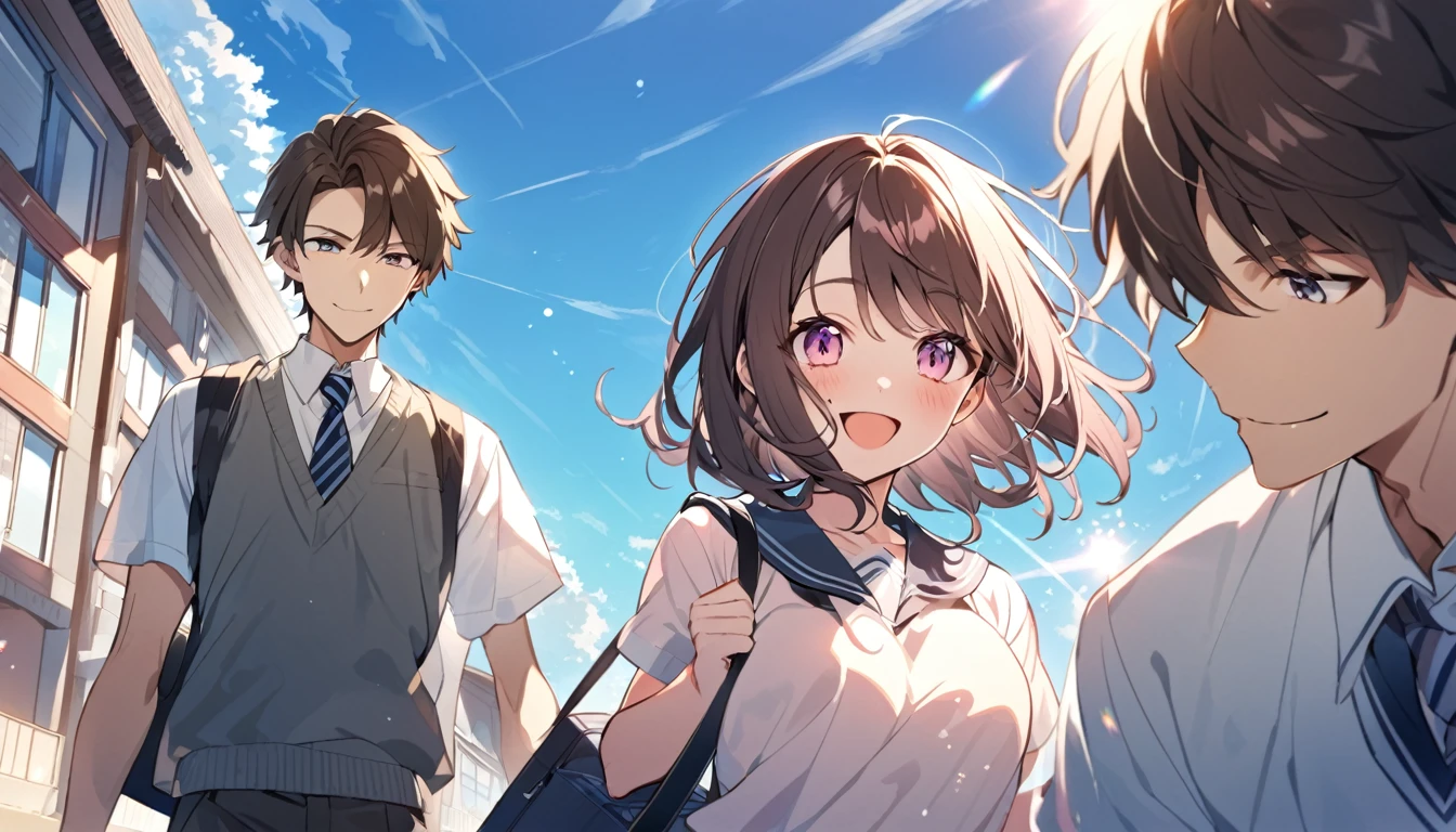 good looking,high school student,1 male,1 female,Medium Hair, Dark brown hair, Pink highlights on the tip, Pale pink eyes,Smile Facial,Blue Sky Morning,Light of the sun,seihuku,Going to school