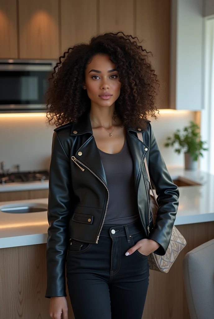 Woman curly hair leather jacket handbag kitchen