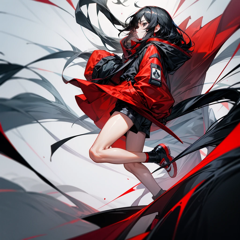 A boy with long black hair ,black eyes ,wear a short-sleeved and hooded jacket ,black and red shirt,Wear shorts that go past the knee and have lots of pockets and straps. ,white and red shoes
