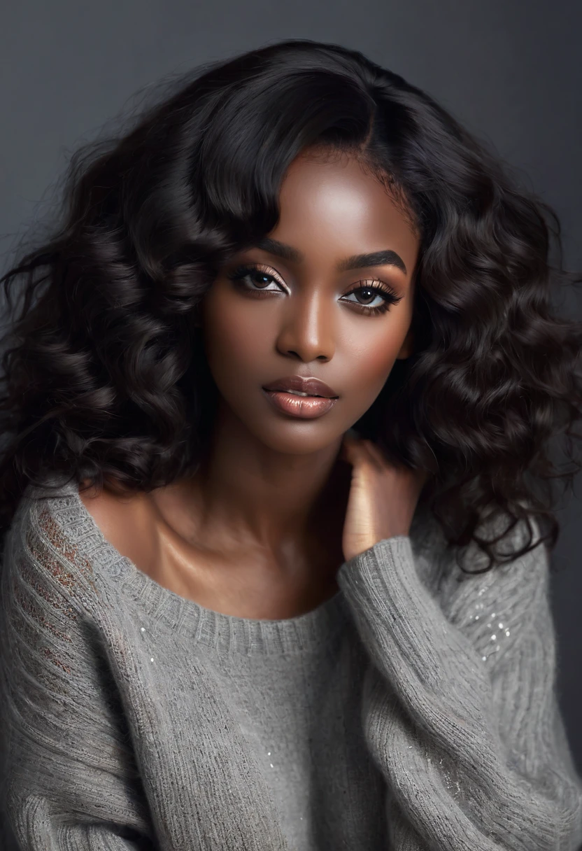 (masterpiece, Highest quality:1.2),Woman with wavy hair, Lonely,Beautiful Eyes,Thin black hair，Attractive eyeshadow( Black:1.2)( Dark Skin:1.2)，African,( Smooth Skin:1.2)( Wear a sweater:1.2)， Slender body proportions，Moist, sexy and plump lips，