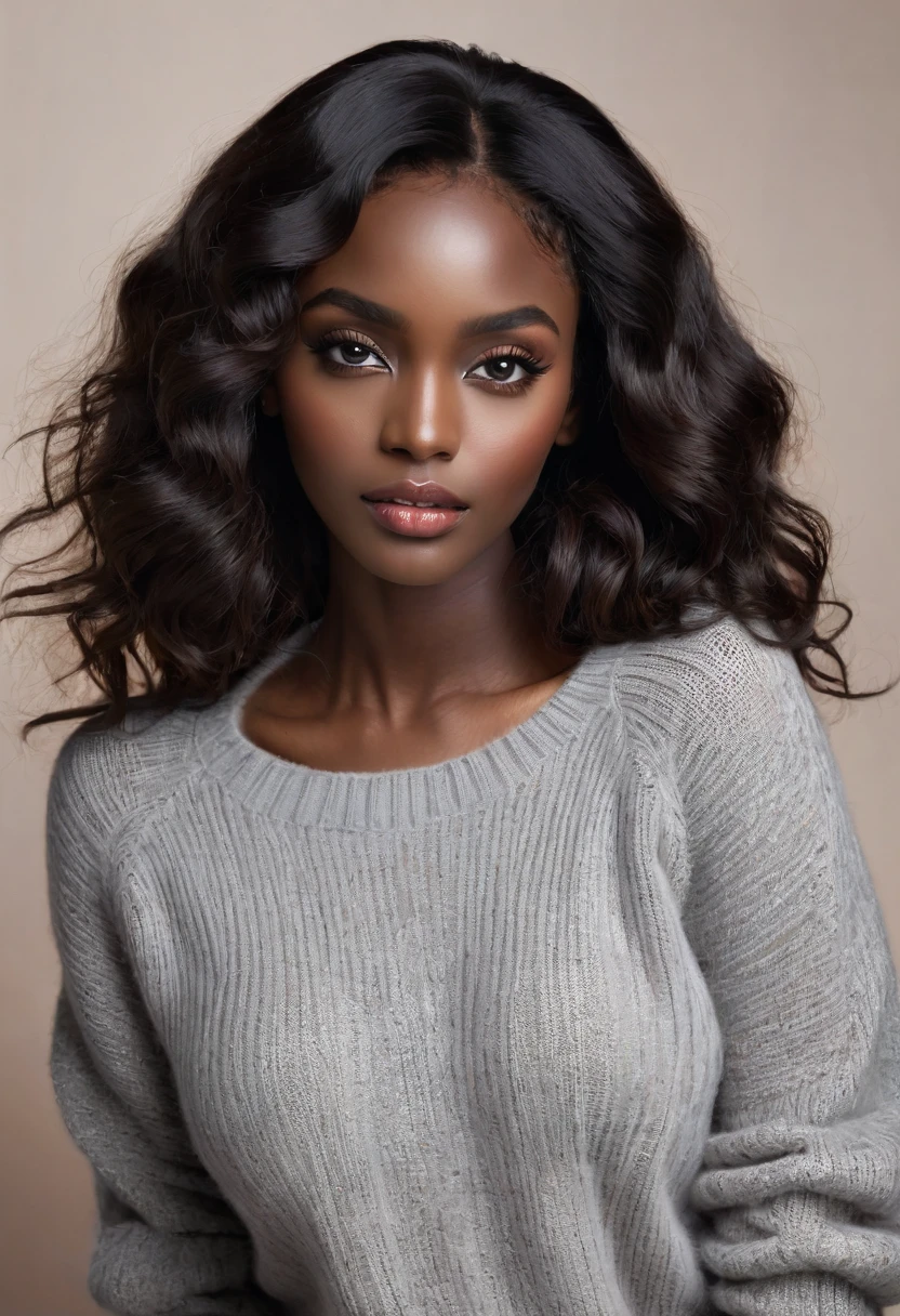 (masterpiece, Highest quality:1.2),Woman with wavy hair, Lonely,Beautiful Eyes,Thin black hair,Attractive eyeshadow( Black:1.2)( Dark Skin:1.2),African,( Smooth Skin:1.2)( Wear a sweater:1.2), Slender body proportions,Moist, sexy and plump lips,