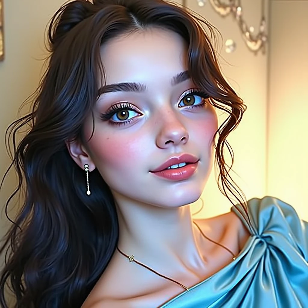 masterpiece, Girl, Upper body shot, wearing a sexy silk dress, perfect and detailed eyes, hotel interior lobby