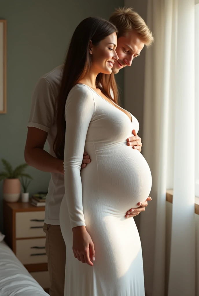 Pregnant woman in , indoor, brunett, straight hair, tight white dress, long dress, dress are covering her arms, huge butt, curvy butt, fat butt,  fluffy butt, round hips, fat hips, behind her man, he is smilling, he is blond, has small eyes, he is looking at her butt, he has no beard