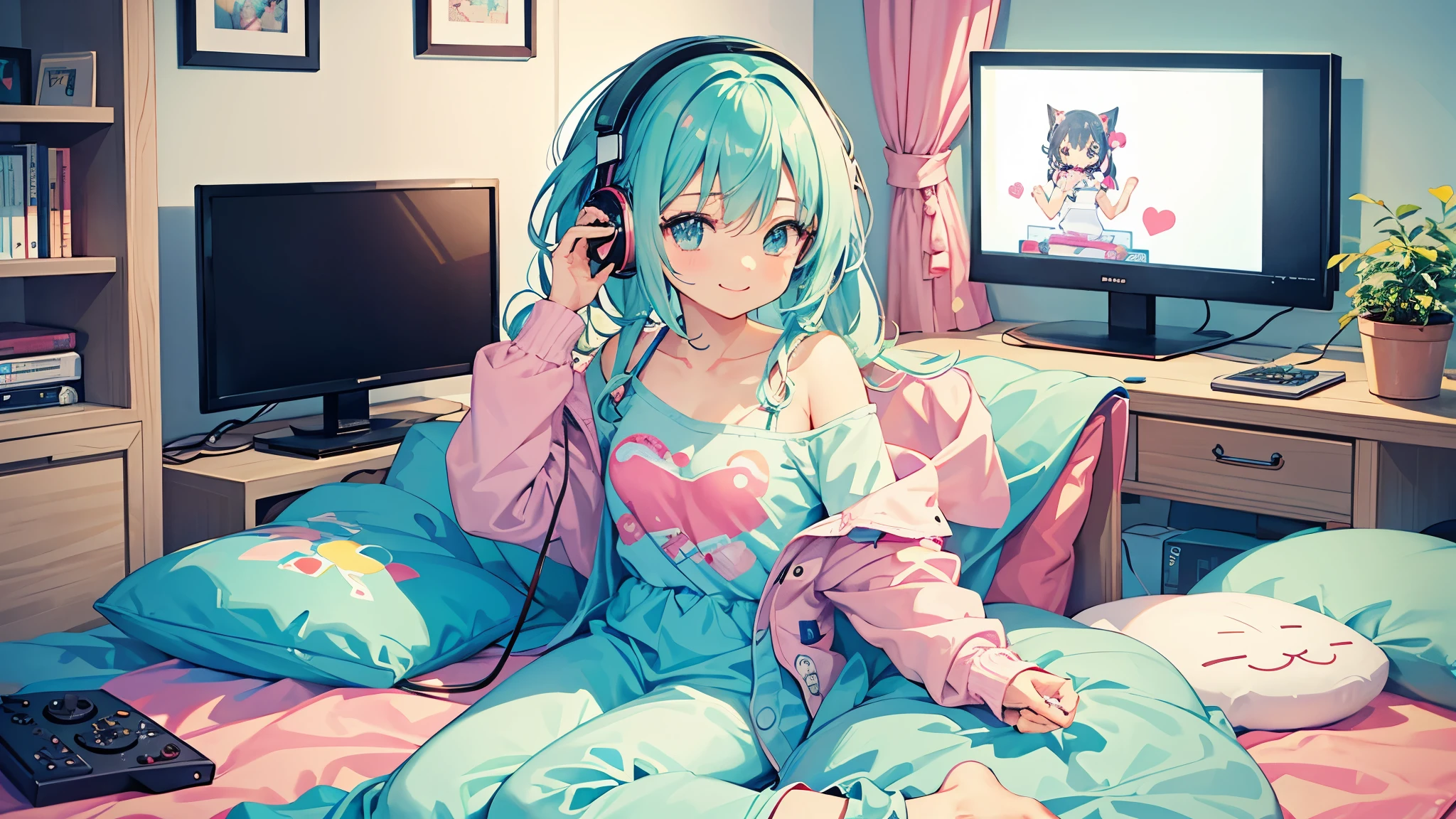 Please draw a scene of Kawaii playing a video game.。With a smile、Sitting on the couch with a game controller in hand、I have headphones on。In the background, a cozy room is depicted.、You can see the game monitor and decorations。Dressed casually、The colours used throughout the room create a bright and cheerful atmosphere.。