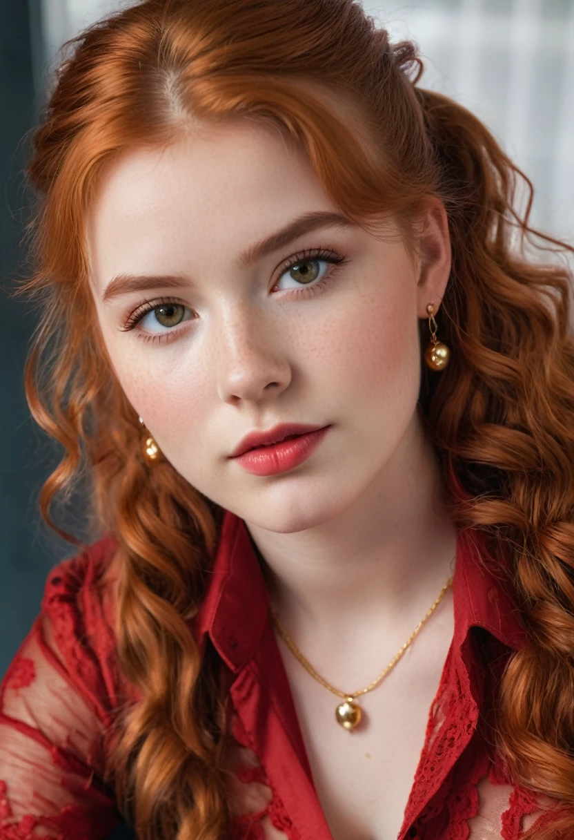 A young lady aged 16 yrs, with long red hair, wavy hair, braided, with air bangs. She has an hourglass figure. She is wearing a red oversized T-shirt. She is wearing black panties. She is wearing gold earrings. Looking directly into the camera. She has tan skin, and braces, constricted pupils, parted lips, large breasts, perfect lips, big lips, perfect nose, cute face, baby face, Hyperrealism, cinematic lighting, jpeg artifacts, full body photo, bokeh, textured skin, UHD, best quality, masterpiece, high details