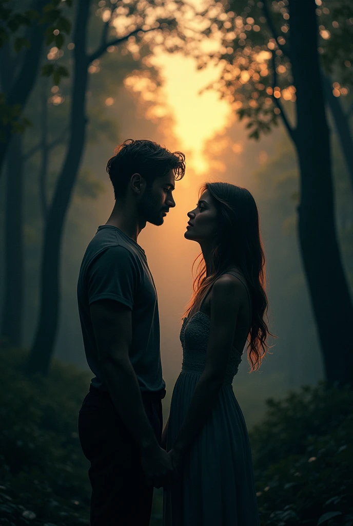 Let two characters look at each other lovingly, far away from each other.. Let there be a forest that is slowly starting to darken behind them. Make it look like a realistic movie poster