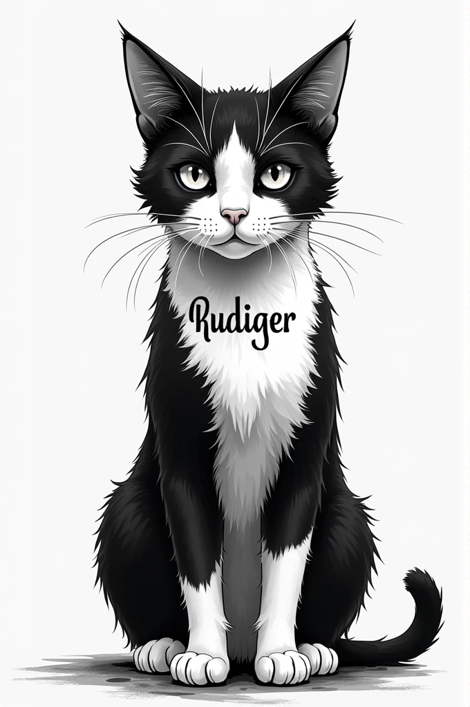 create a black and white cat, who has the name Rüdiger tattooed on her forehead