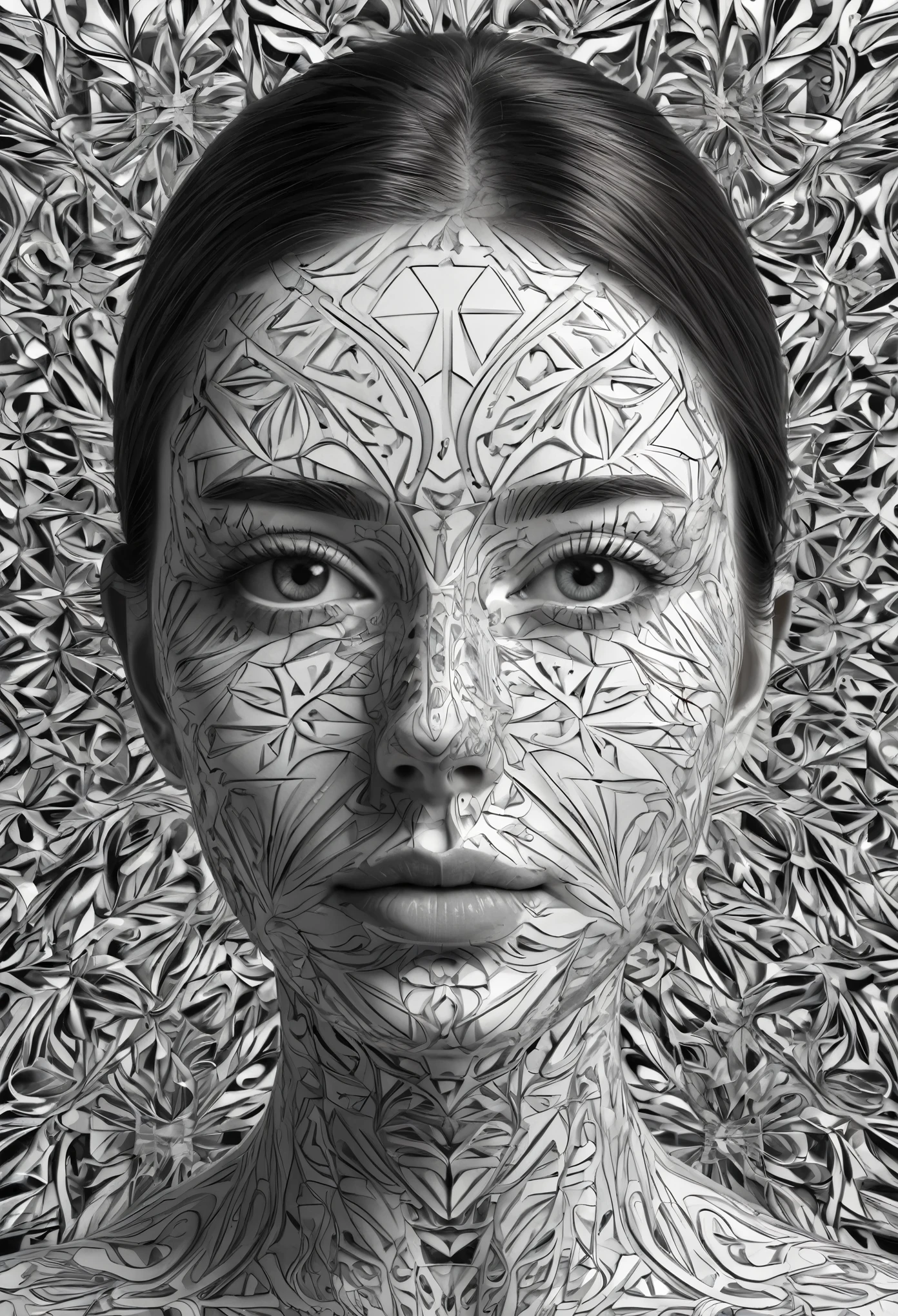a woman with a black and white pattern on her face, stunning digital art, complicated digital art, 3 d digital art, 3d digital art, complicated digital artwork, Advanced 3D digital art, amazing detailed digital art, digital complicated art, Detailed 3D digital art, amazing digital art, 4k symmetrical portrait, 4k symmetrical portrait