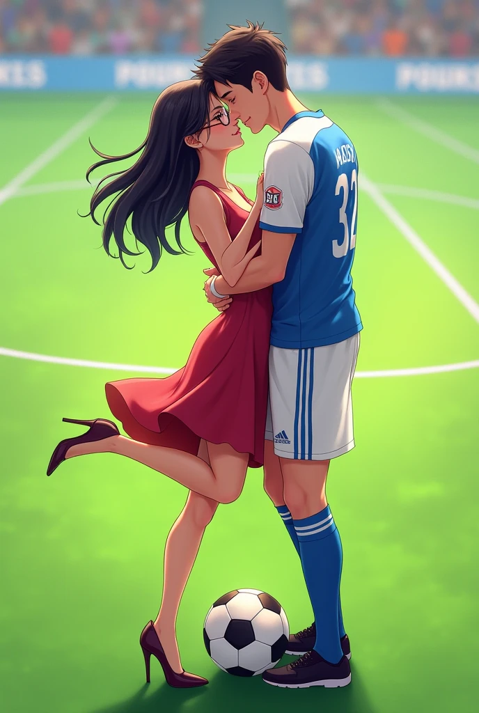  A woman and man standing in football ground looking at each lovingly and hugging each other.woman is wearing a dress and glasses.she has black hair .man is wearing a white and blue 32 number jersey. Man is 1 feet taller than girl.  Man one foot standing on soccer ball . Make girl wear high heels 