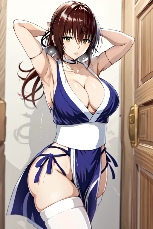 masterpiece, best quality, beautiful art, high resolution, well formed hands, body and fingers, 1 woman, solo,  Ryouko Mikado, 31 years old, hair ornament,  adult, grown up, big breasted, cleavage,  full body, braided long hair, blue_japanese_clothes, wearing DOA Kasumi's blue kunoichi dress, sexy and skimpy japanese clothes, kimono peek, sleeveless, panties peek, white stockings, gorgeous legs and thighs,ryona , in peril, she has been beaten up she is now cornered against the wall, helpless and vulnerable, she is dizzy and exhausted, looking at the viewer with anxiety and fear, she is afraid, terror in her eyes, gasping, being at the edge of defeat, heroine in peril, ryona scene 