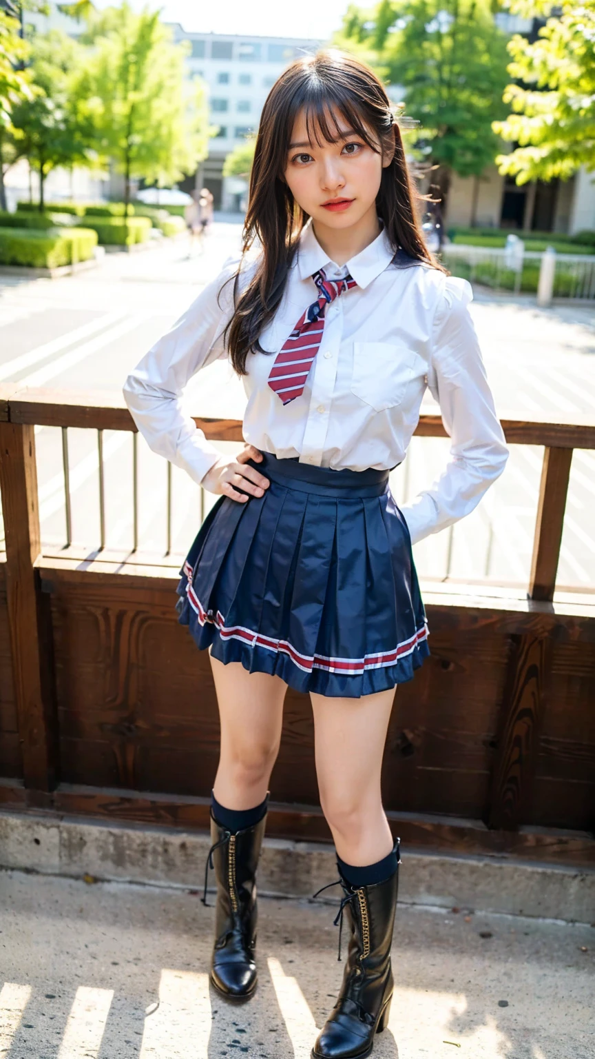 (8k、RAW Photos、Highest quality、masterpiece:1.2)、(Realistic、Realistic)、1 person、((View from the front、Looking into the camera、check、boots、mini skirt、High school uniform、、Standing with one hand on hip、Frills、))、cute