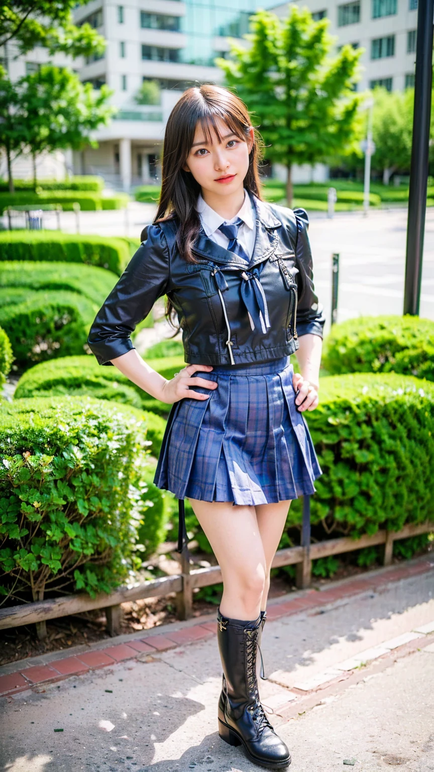 (8k、RAW Photos、Highest quality、masterpiece:1.2)、(Realistic、Realistic)、1 person、((View from the front、Looking into the camera、check、boots、mini skirt、High school uniform、、Standing with one hand on hip、Frills、))、cute