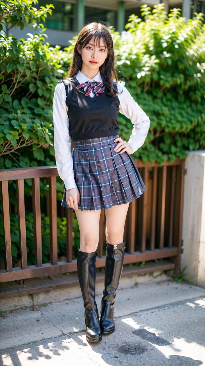 (8k、RAW Photos、Highest quality、masterpiece:1.2)、(Realistic、Realistic)、1 person、((View from the front、Looking into the camera、check、boots、mini skirt、High school uniform、、Standing with one hand on hip、Frills、))、cute