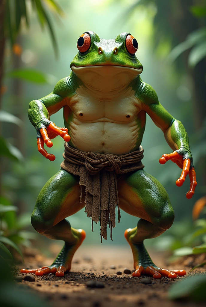 master frog fighting capoeira with the belt around his waist
