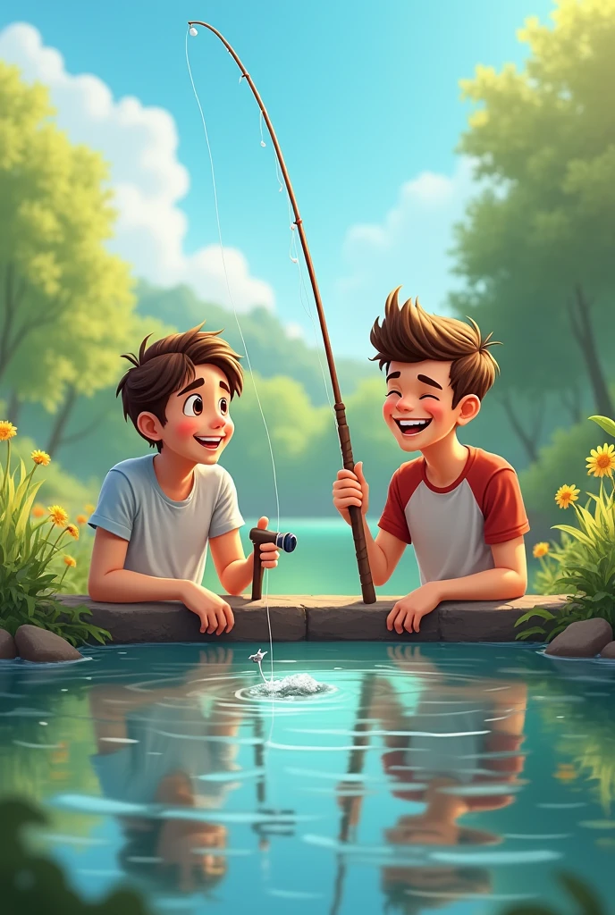 image of a young man fishing in the pond with his bestfriend seeing and their face the enjoyment every time they cath a fish  