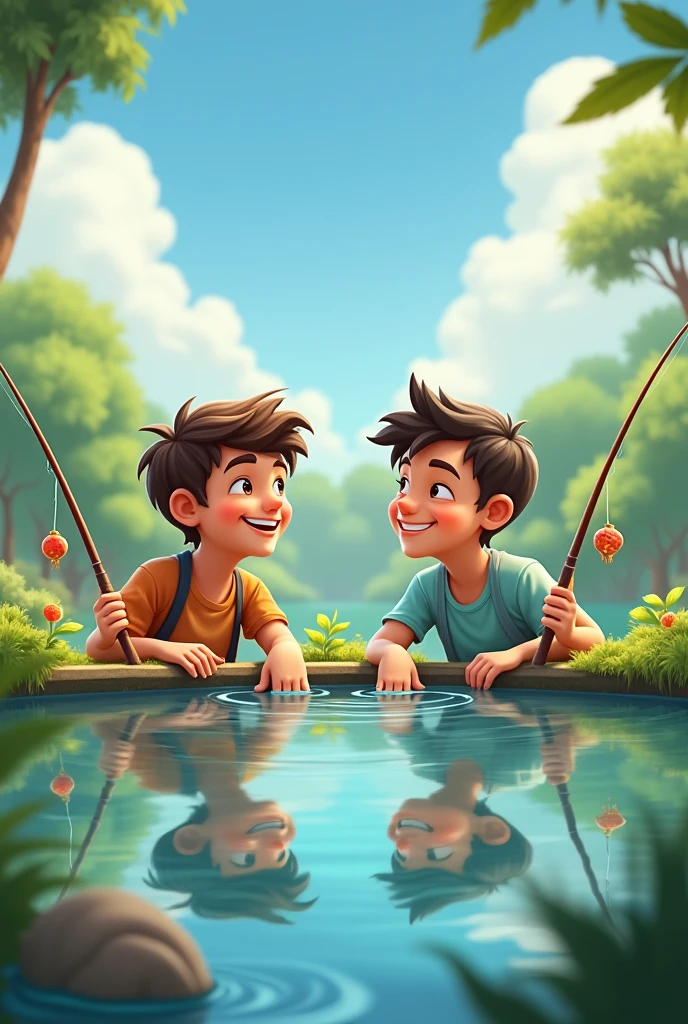 image of a young man fishing in the pond with his bestfriend seeing and their face the enjoyment every time they cath a fish