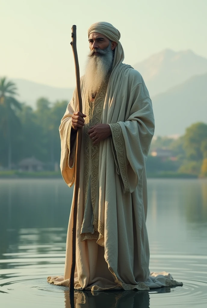 standing muslim holy man holding a smooth wood stick and wearing the muslim traditional cloths on water pound
