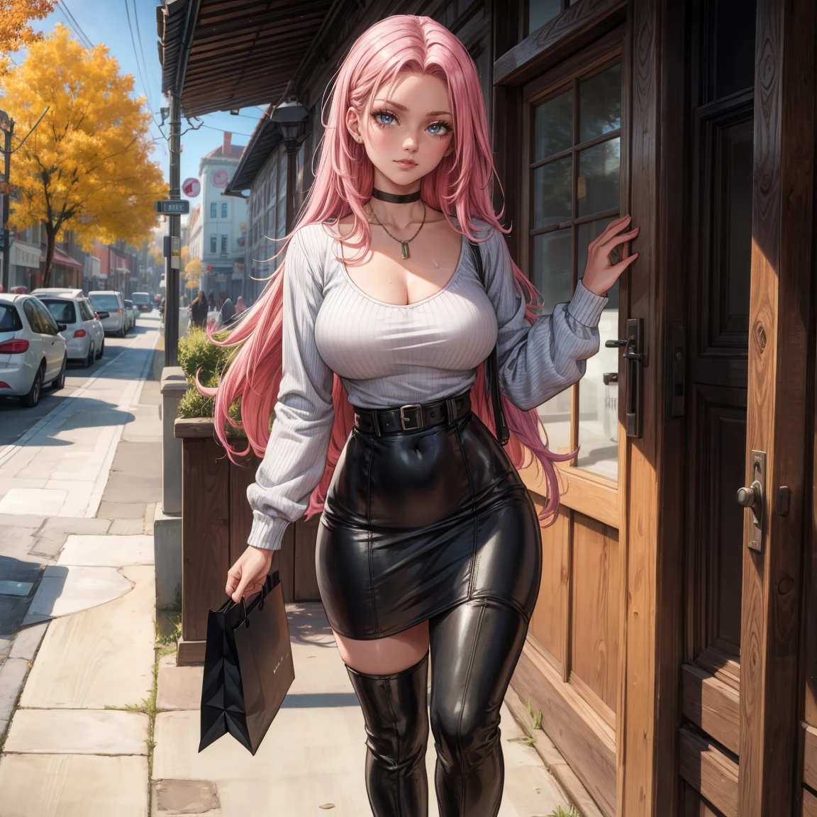 Masterpiece, beautiful art, 8k, art style by sciamano240, very detailed face, detailed hair, detailed clothes, detailed fabric, 1girl, beautiful face, long hair, hot pink hair , model head shot, facing camera, very detailed green eyes, sultry smile, wearing classy fall clothes, black dior thigh boots, black pencil skirt, walking , out shopping, necklace, chocker, rosey cheeks, sunny fall setting, full body view, photorealistic, indirect lighting, volumetric light, ray tracing, hyper-detailed, best quality, ultra-high resolution, HDR, (8k, Best Quality, Masterpiece:1.2), Ultra Detail, RAW Photo, Super Resolution, Professional Photo, Extremely Detailed and Beautiful, lot of drool, sweat, belly inflation