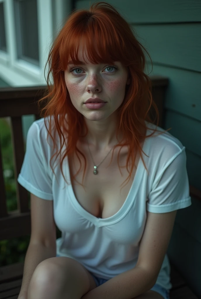a portrait of a (soaking wet of a milk:1.2) redhead, freckles teacher is sitting on a porch, [ : white shirt : 18], visible  through the white top t-shirt, slate atmosphere, cinematic, dimmed colors, dark shot, muted colors, film grainy, lut, insane details, intricate details, hyperdetailed, closeup, twilight