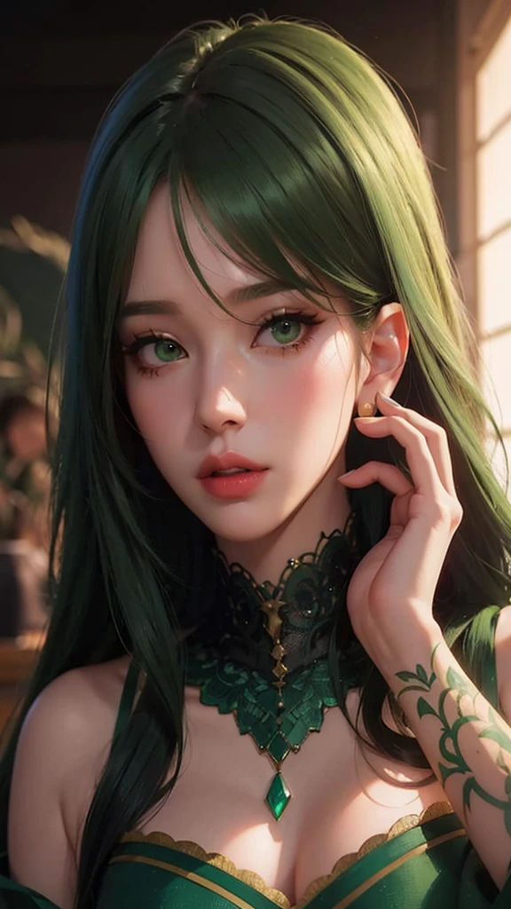 a girl with green hair, anime style, close up, , green hair, green eyes, long hair, jewelry, portrait, earrings, collarbone, bangs, parted bangs, eyelashes(eye arts:0.7)(eyes arts:0.7)(uhd 4k eye:1.3)(detailed:1.2)(better hand:1.5)