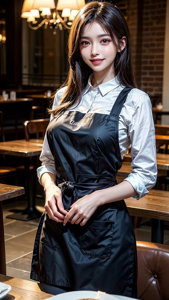 (Highest quality、Tabletop、8k、Best image quality、Award-winning works)、Woman working in a café、(The perfect brown apron:1.1)、(The perfect brown apron:1.1)、(wide々She is standing elegantly in a modest cafe..:1.3)、(A classy shirt and apron:1.1)、(Big Breasts:1.1)、(Accentuate your body lines:1.1)、Beautiful woman portrait、The most elegant and cozy cafe、The most natural cafe, Perfectly organized、The most atmospheric and warm lighting、Stylish and elegant cafe、Strongly blurred background、Look at me and smile、(Accurate anatomy:1.2)、Ultra high resolution perfect beautiful teeth、Ultra-high definition beauty face、Ultra HD Hair、Ultra HD The Shining Eyes、The Shining, Super high quality beautiful skin、Super high quality glossy lip