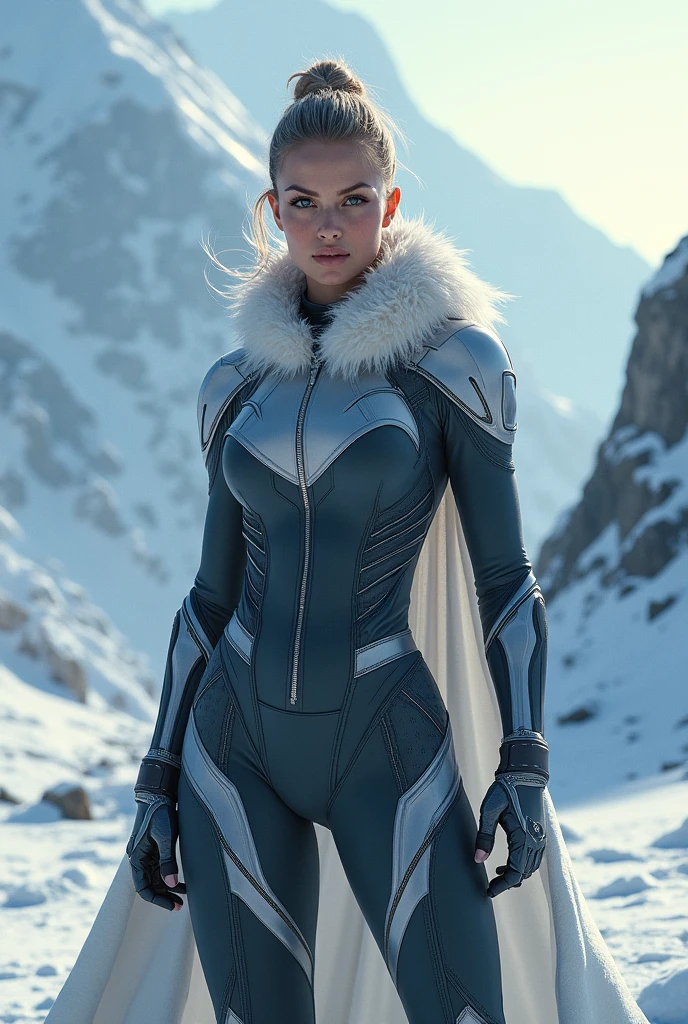 a female superhero in winter but in a bun hairstyle