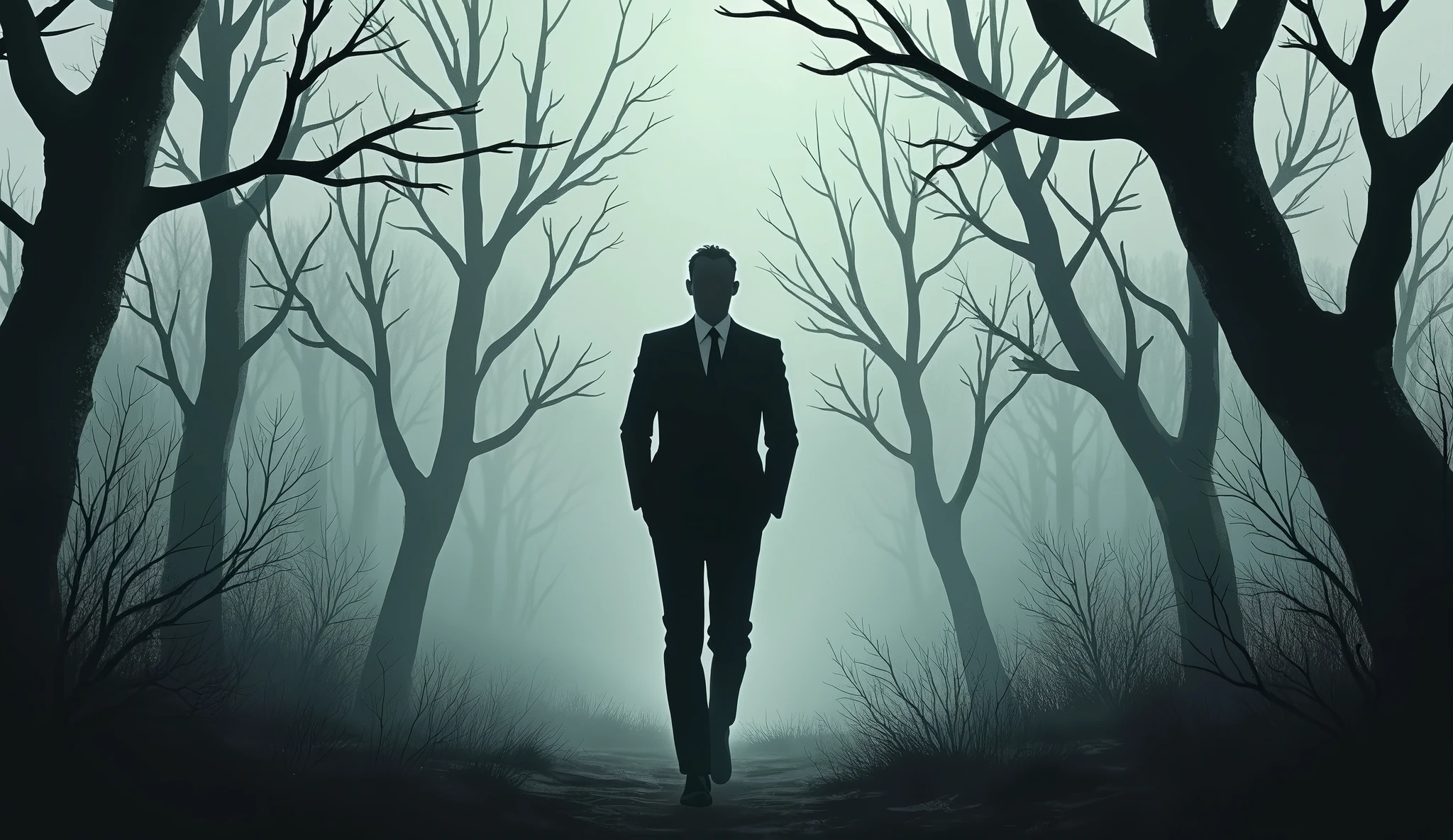 man in black suit walking in a forest with leafless trees, with overcast skies