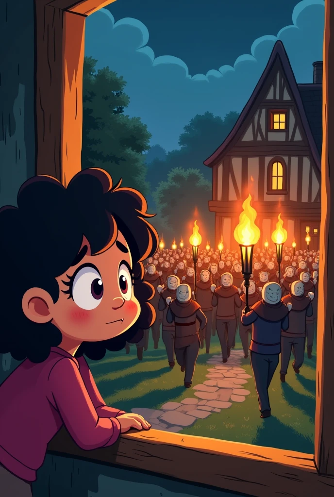 the girl saw the angry villagers with their torches on her window. make it cartoon