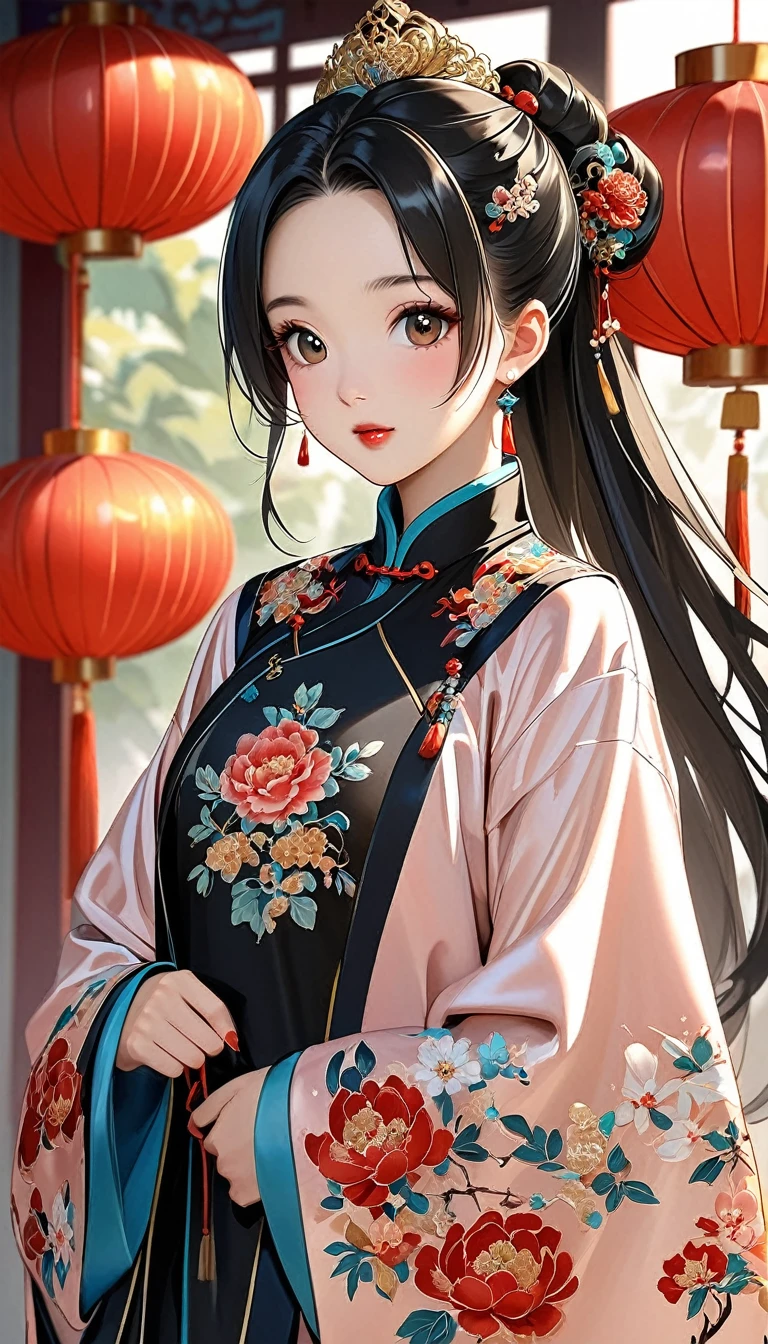 Beautiful 15 year old Chinese princess with long black hair　Gorgeous embroidery, Ultra glossy, She is wearing a shiny royal long sleeve Chinese style jacket