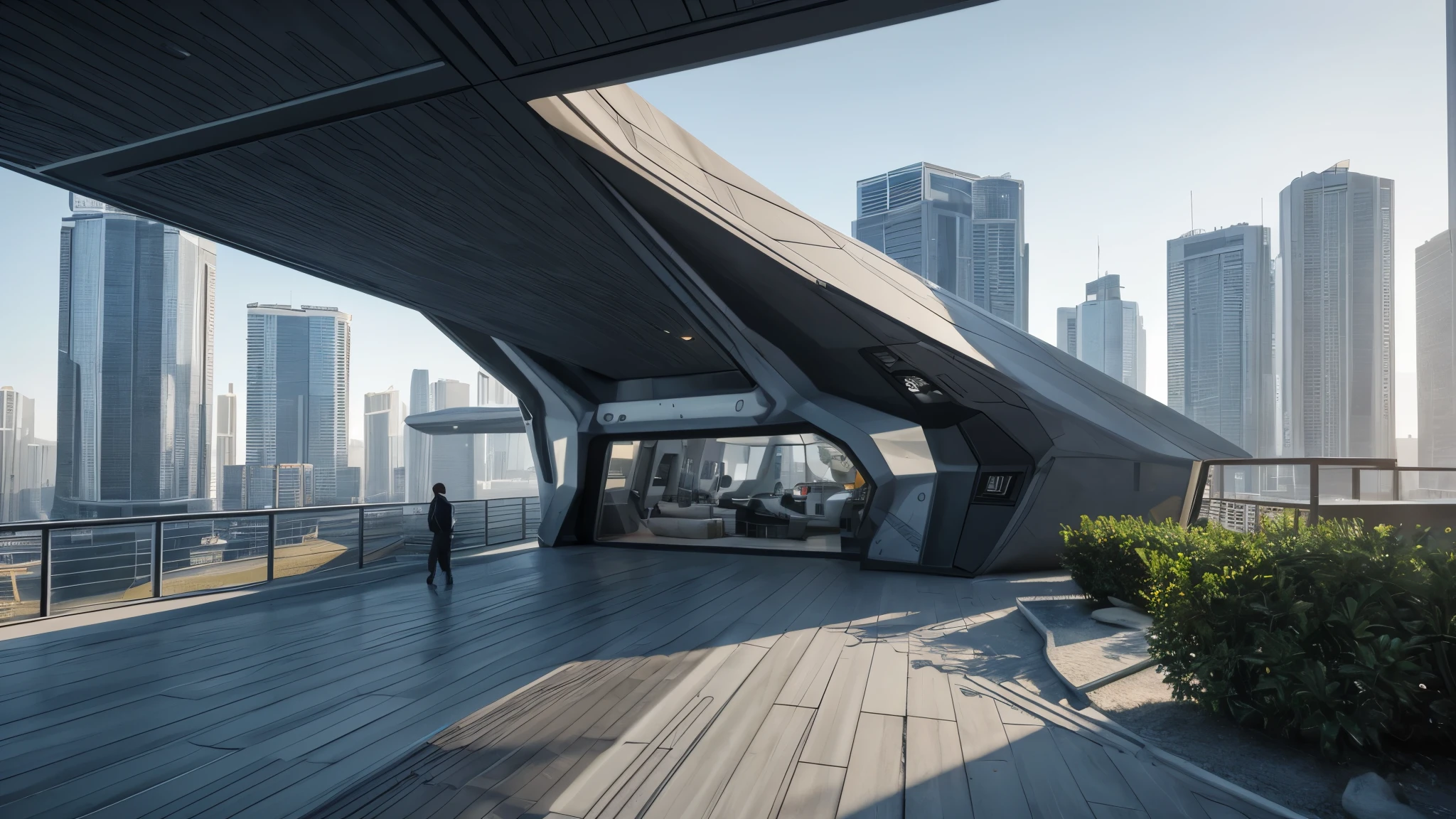 scifi, very futuristic house, outside view, architectual, space design, cyberpunk, futuristic, hightech, hard-surface design, daylight, much tech, much electronic, much space, very cozy, ambient light, realistic view, wide angle, year 2124