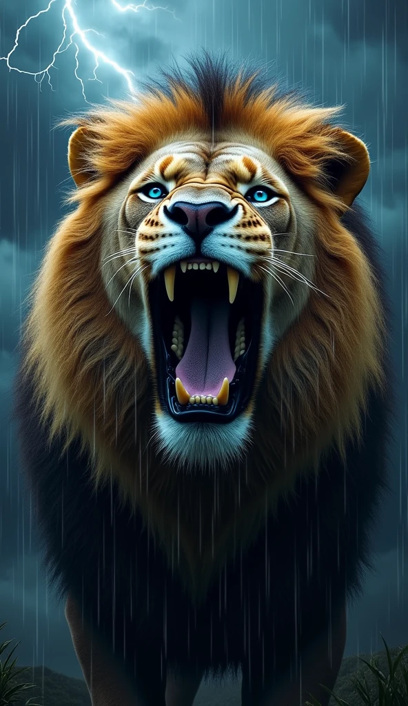 Create an ultra realistic 8k image of the front face of a strong and beautiful lion with blue eyes roaring looking at the sky in the rain with lightning and thunderbolts