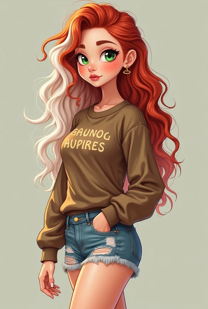 A 20-year-old woman with long, wavy red and white hair all mixed together and with green eyes and a round, flushed face wearing a brown sweater with small letters written on it and ripped denim shorts and white sneakers As if she were a digital drawing.