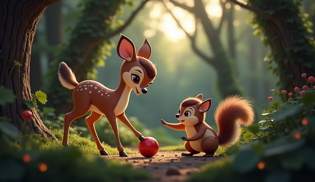 Create in 3d animation style for the kids of age group of 3-5 years "Daisy’s Helping Gesture**  
   *"Daisy the Deer bending down and nudging Sammy  the squirrel playfully as they both look up at the red ball. The forest is bathed in sunlight, creating a warm and friendly atmosphere around them."*
