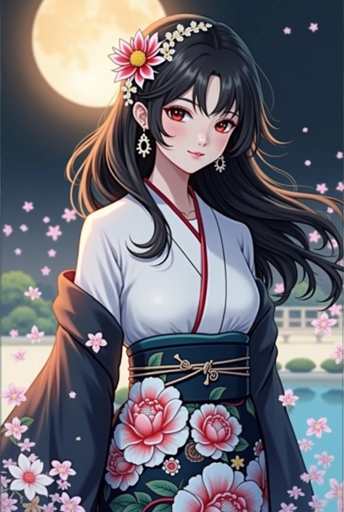 (masterpiece、Highest quality、8k、High resolution)、Traditional Japanese beauty in kimono、Floral pattern on white background、Vibrant colors、Japanese garden、There is a pond、Colorful flowers、Vibrant colors、Cherry Blossom、There is a drum bridge、A complete portrayal、Detailed anime art、