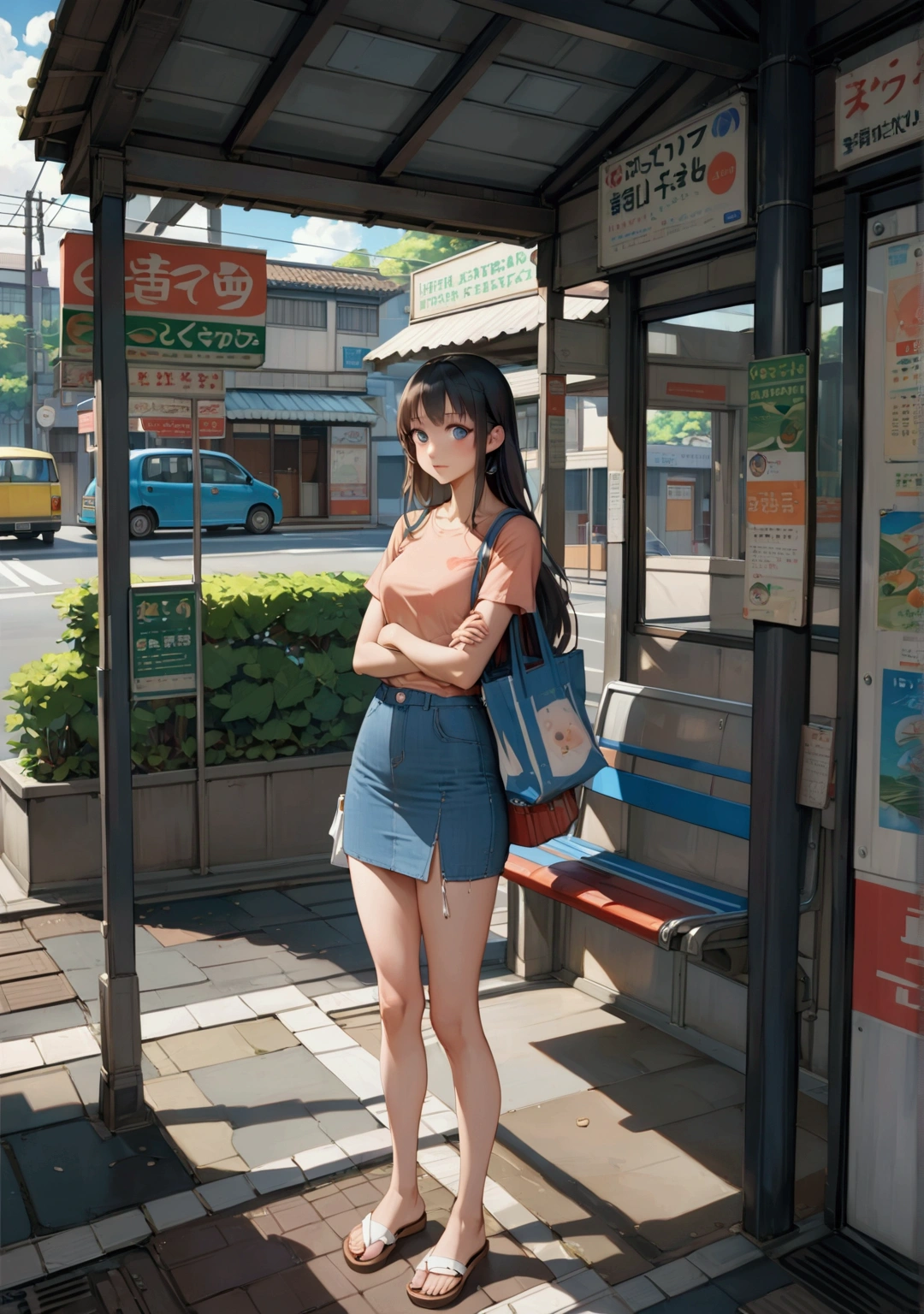 realistic anime illustration of young woman is waiting a taxi, she is under the roof of bus stop and carrying tote bags, crossing her arms, she is black long hair, wearing peach t-shirt, blue denim pencil skirt, and brown sandals (1girl, solo, full body), (masterpiece, best quality, japanese anime style), (expressive eyes, perfect face, perfect anatomy)