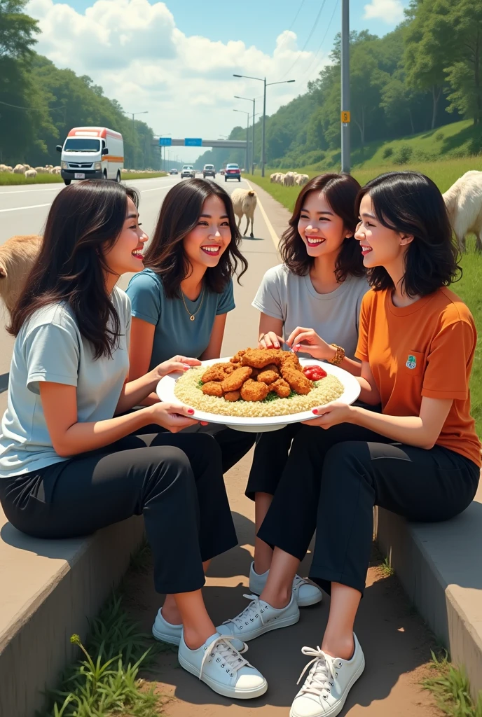 4 beautiful indonesian women, wavy hair, wearing t-shirts, black trousers and sneakers, smiling faces, sitting together, holding a large plate of rice with fried chicken, on the side of the highway, there are goats beside them, lots of vehicles, minimal disabilities , very detailed, realistic