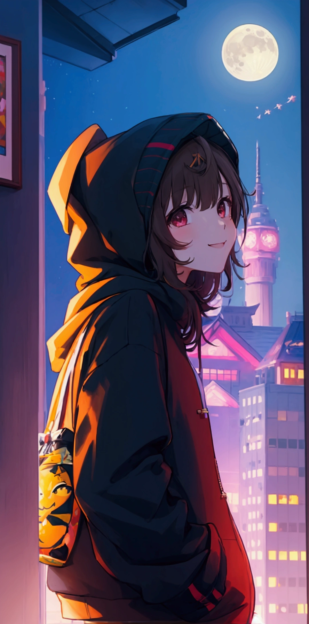 unbeatablemasterpiece,smile,top of skyscraper,midnight,moon,sniperlifull,hoodie,electricity
