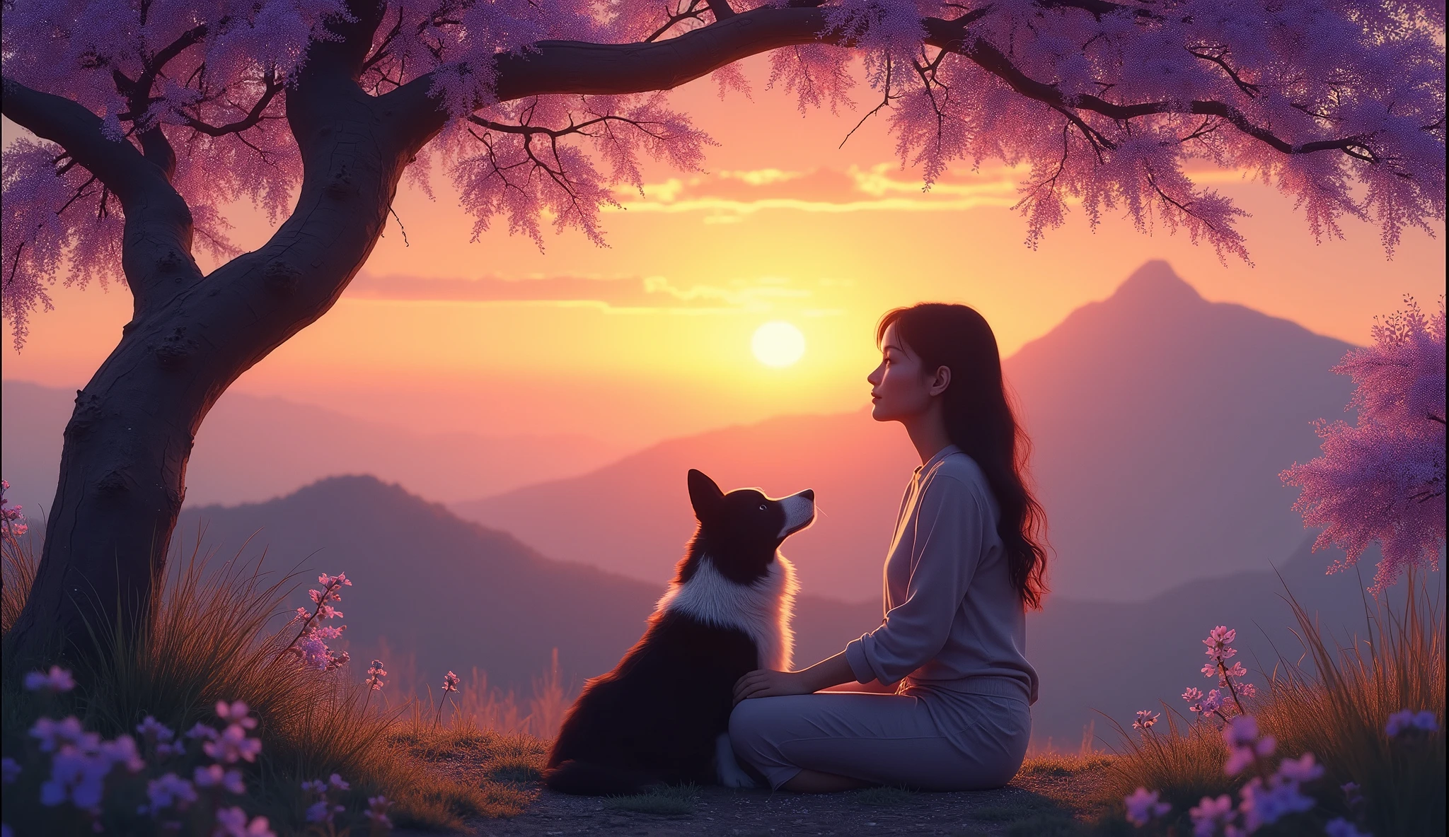young woman and her border collie sitting against a Jacaranda mimosifolia tree, majestic tree, mountains in the distance, few clouds, deep orange sunset, realistic lights, 4k, hyperrealistic,