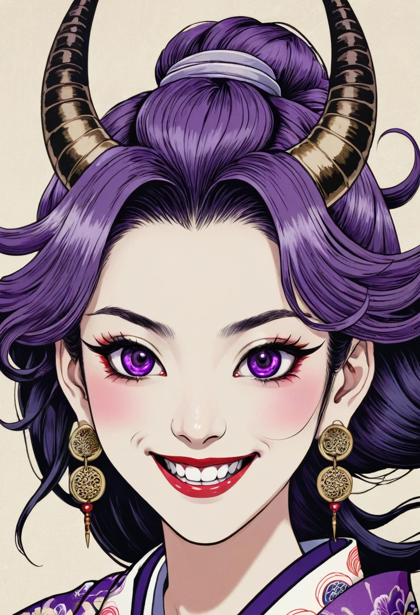 High resolution, smile, Earrings, Ukiyo-e, Horns of the beast, Purple eyes, tooth,