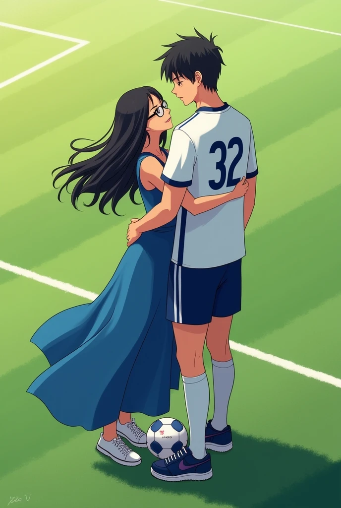  A woman and man standing in football ground looking at each lovingly and hugging each other.woman is wearing a dress and glasses.she has black hair .man is wearing a white and blue 32 number jersey. Man is 1 feet taller than girl.  Man one foot standing on soccer ball . Make girl wear sports shoes and long Blue dress