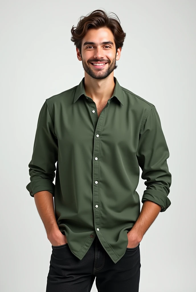 best qualityer:1.4), (ultra high resolution:1.2), (photorrealistic:1.4), (8k, CRU photo:1.2), 1 young white man. eyes browns. He's wearing a green button-down shirt. He is wearing black jeans. Wavy Dark Brown Hair. Standing in a photo studio with a white background. is smiling